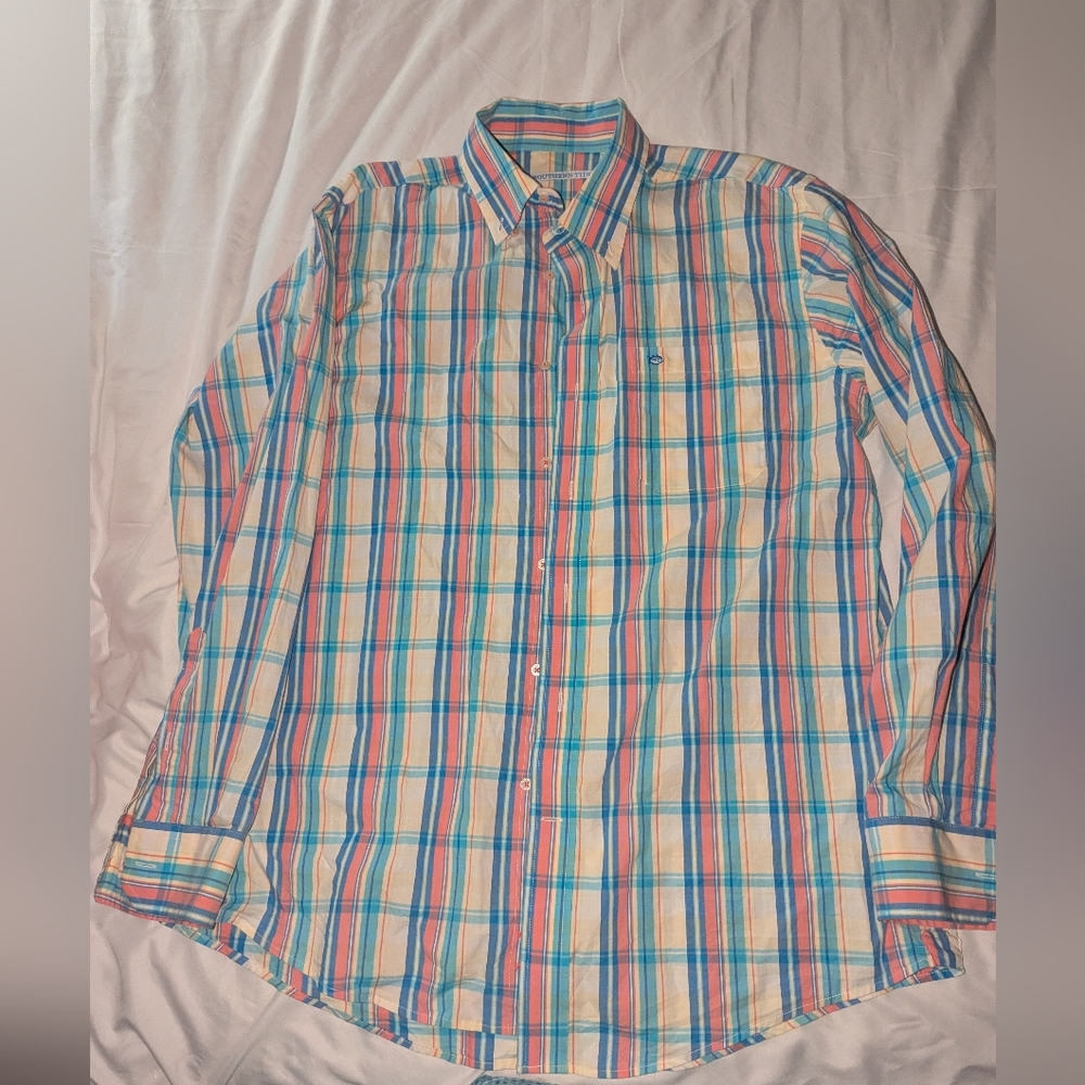 Southern Tide Men's Large Pastel Colored Plaid Long Sleeve Button Up‎ Shirt